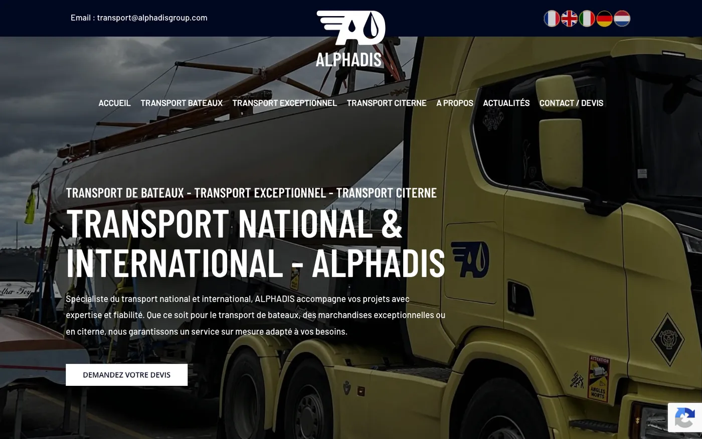 Aperçu du site refondu pour Alphadis, transport de bateaux, exceptionnel et citerne