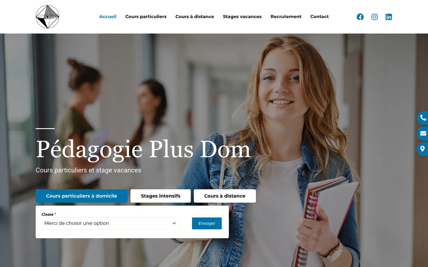 Page d'accueil du site de Pédagogie Plus Dom sur ordinateur
