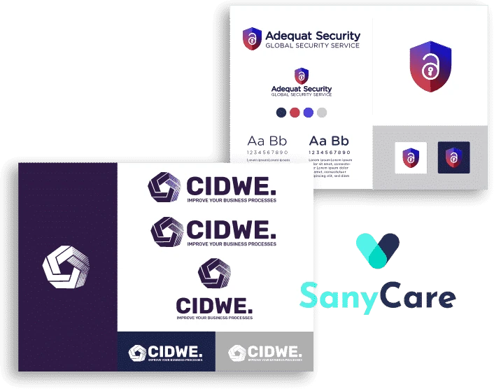 Identités visuelles créées par DIGICOM-IT pour Adequat Security, CIDWE et SanyCare : logos, déclinaisons, couleurs et typographies