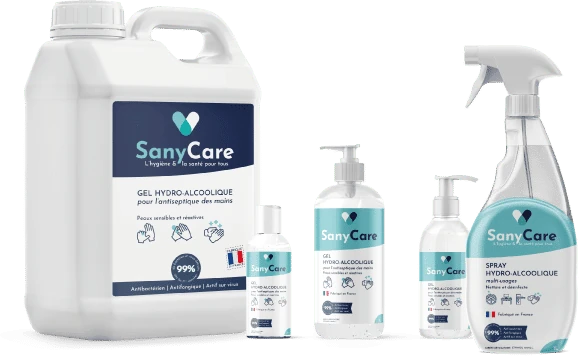 Packaging de la gamme SanyCare créé par DIGICOM-IT : bidon, flacons et spray de gel hydroalcoolique