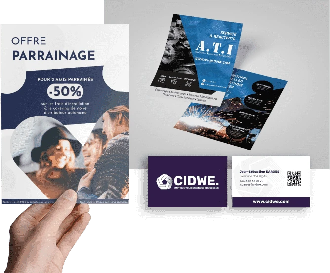 Supports imprimés créés par DIGICOM-IT : flyer d'offre de parrainage, flyers A.T.I et cartes de visite CIDWE