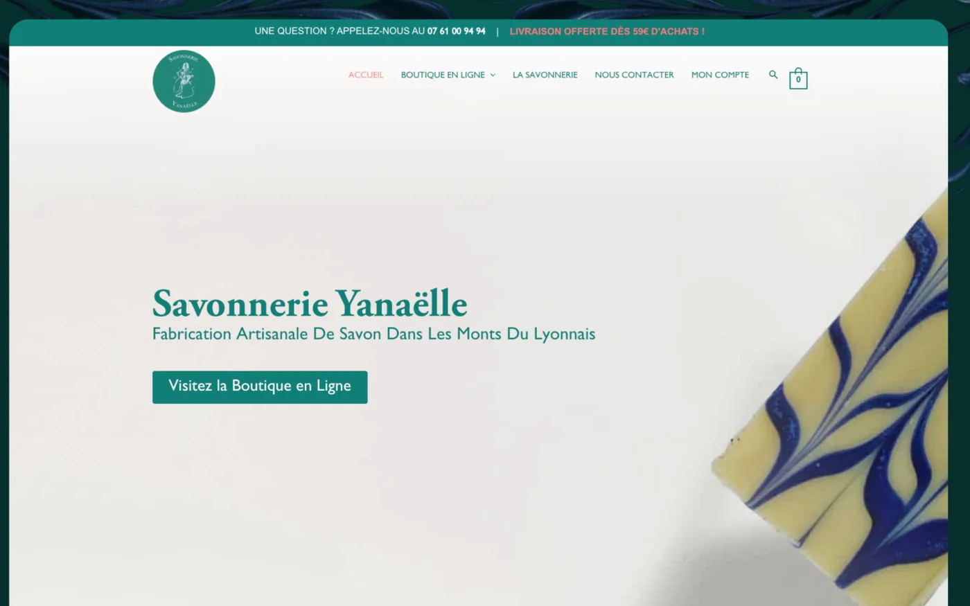 Page d'accueil du site de Savonnerie Yanaëlle sur ordinateur