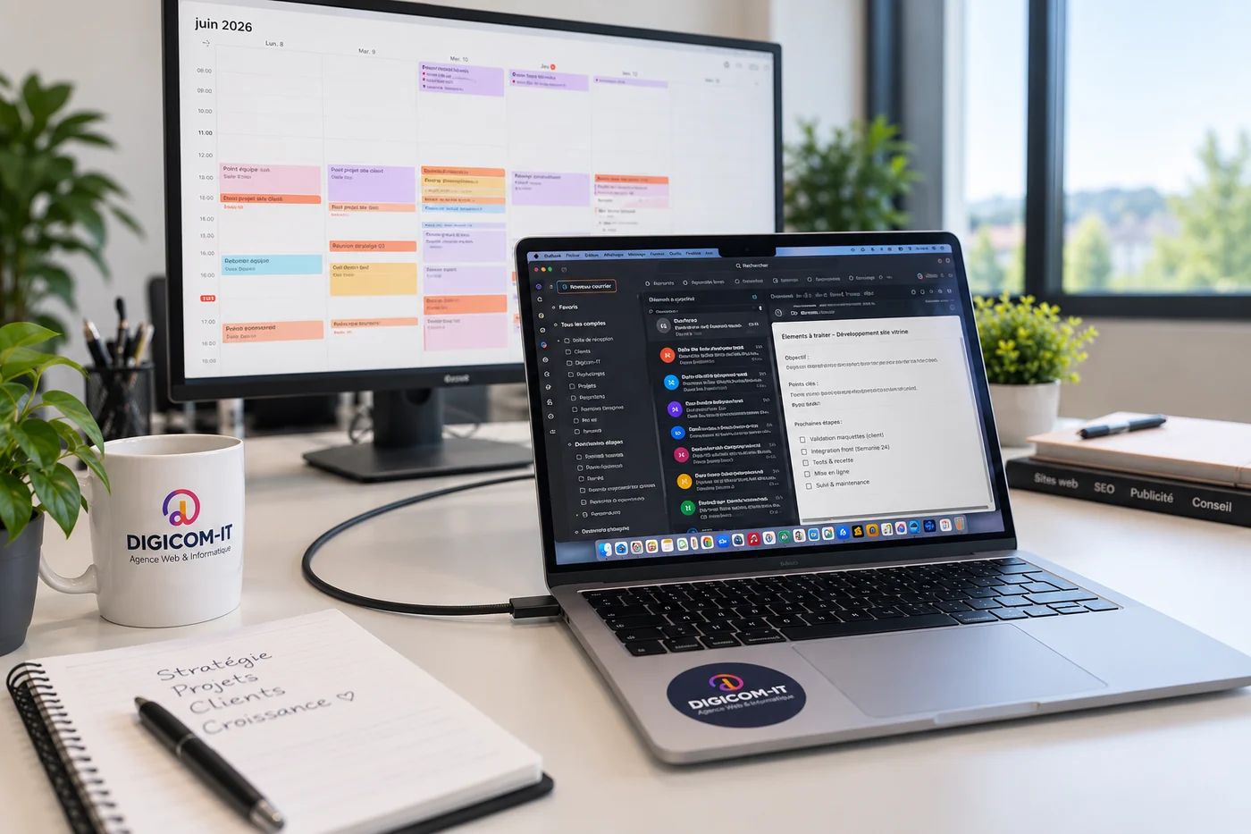 Poste de travail de l'agence : planning éditorial à l'écran et notes de stratégie de communication