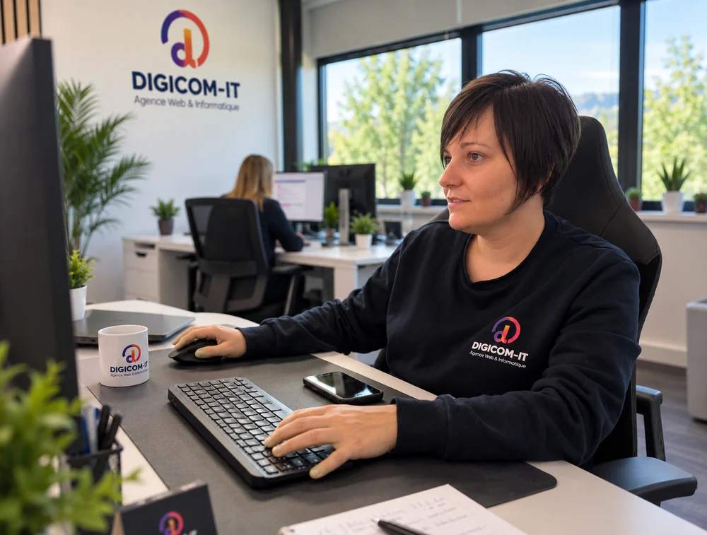 L'équipe de DIGICOM-IT dans ses bureaux, web et informatique réunis dans une seule agence