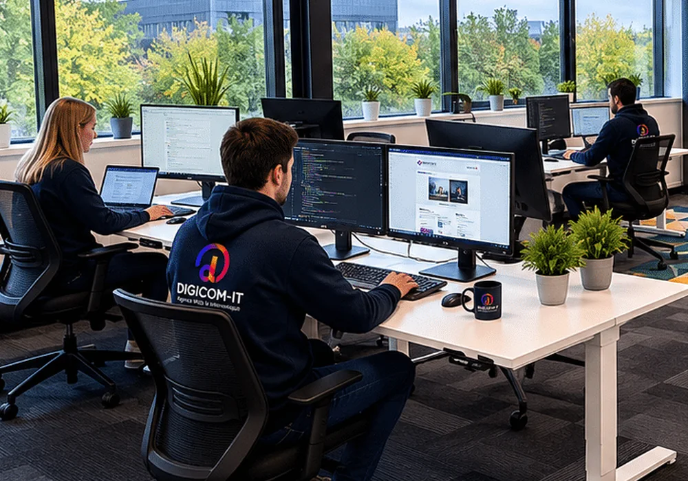 Développeur de DIGICOM-IT au travail sur le code d'un site client, dans l'open space
