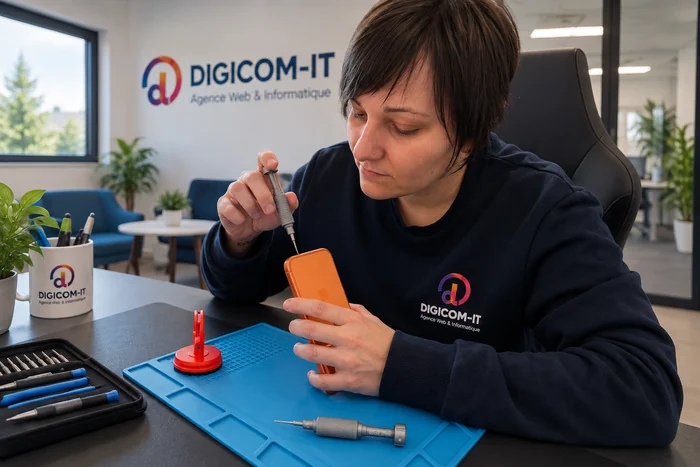 Réparation d'un téléphone client dans l'atelier de DIGICOM-IT